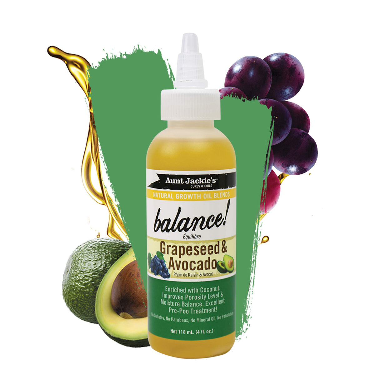 <transcy>AUNT JACKIES NATURAL GROWTH OIL BLENDS BALANCE! GRAPESEED &amp; AVOCADO, 118 ML</transcy>